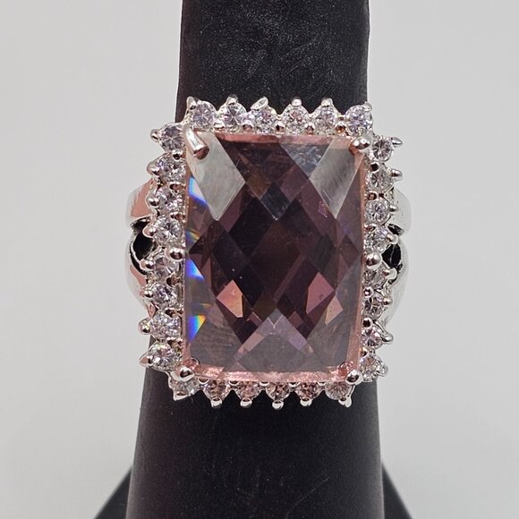 Sterling Silver 925 Rhodium Plated Large Pink CZ Cocktail Ring - Picture 2 of 12